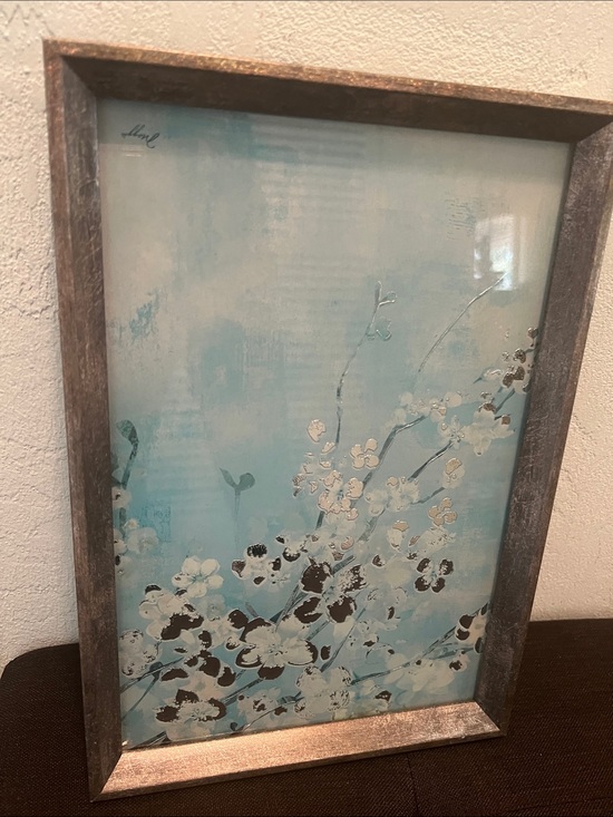 Silver floral & Light blue art framed Other - #2319*”9x13” Silver & Framed Blue Floral Wall Art - Serene Blossoms